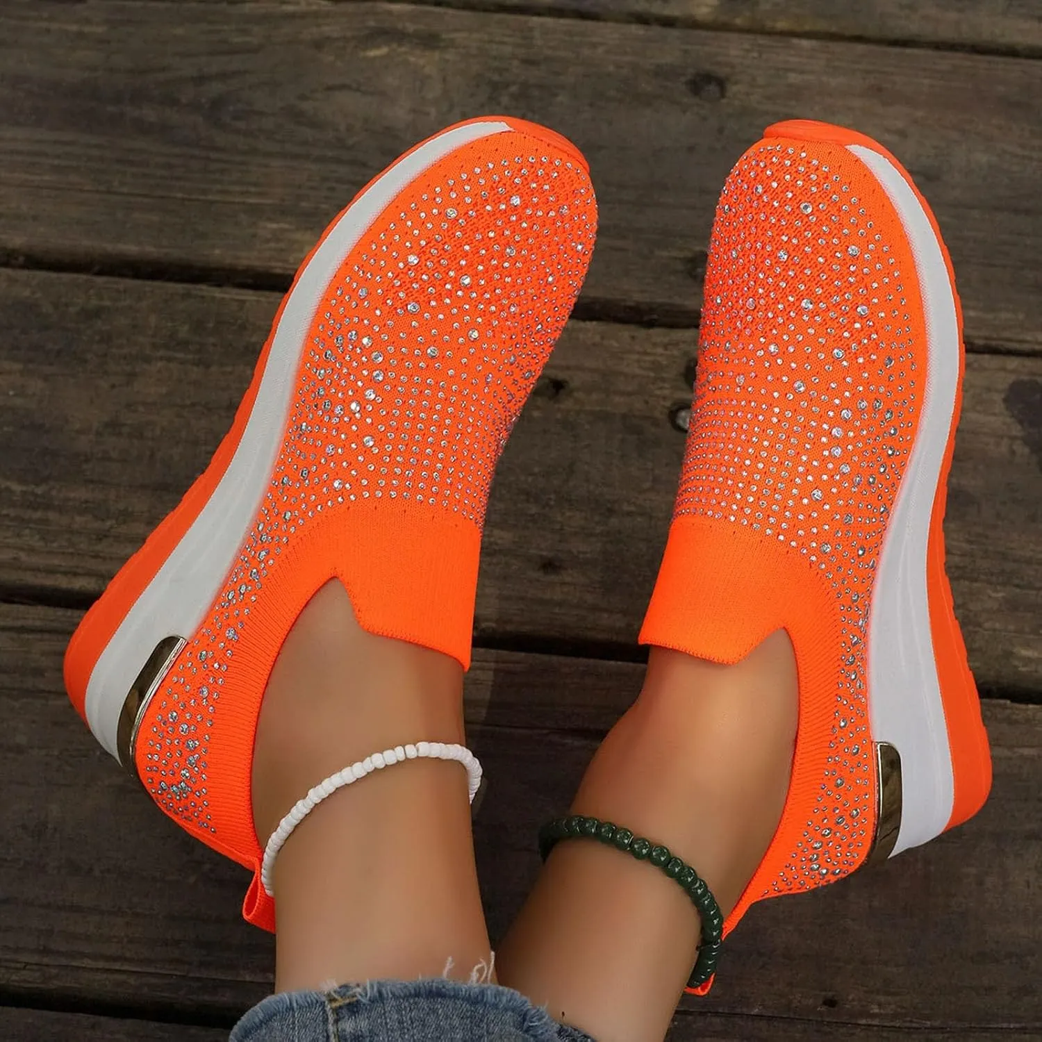 Women's Fashion Glitter Sneakers Platform Wedge Shoes Sparkly Rhinestone Mesh Slip-on Sneakers Breathable Spakle Shoes