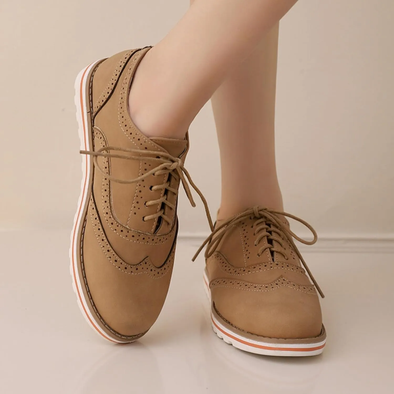 Women's Flats Lace-Up Oxfords Shoes Round Toe Low Platform Wingtip Brogues Classic Comfortable Derby Saddle Pumps