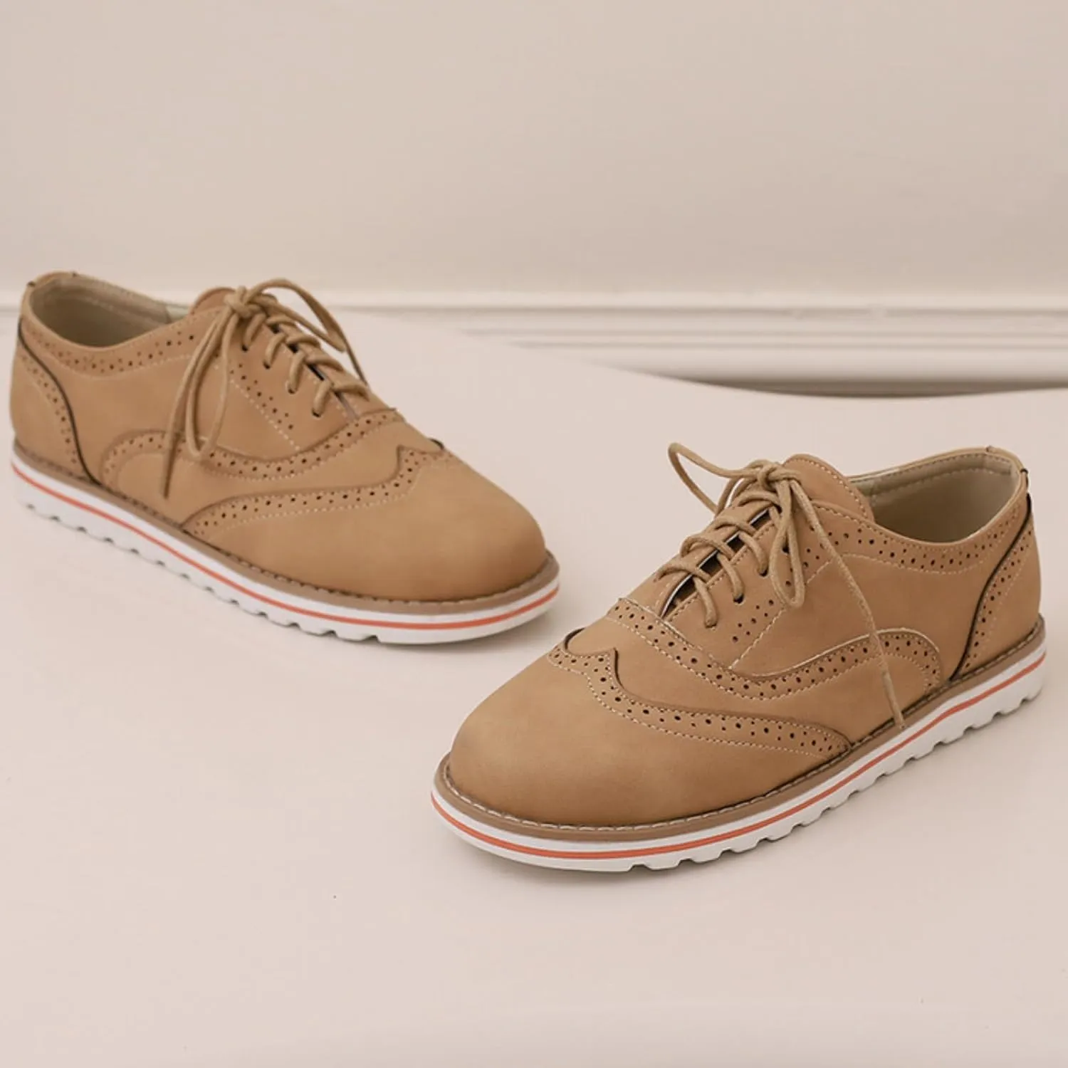 Women's Flats Lace-Up Oxfords Shoes Round Toe Low Platform Wingtip Brogues Classic Comfortable Derby Saddle Pumps