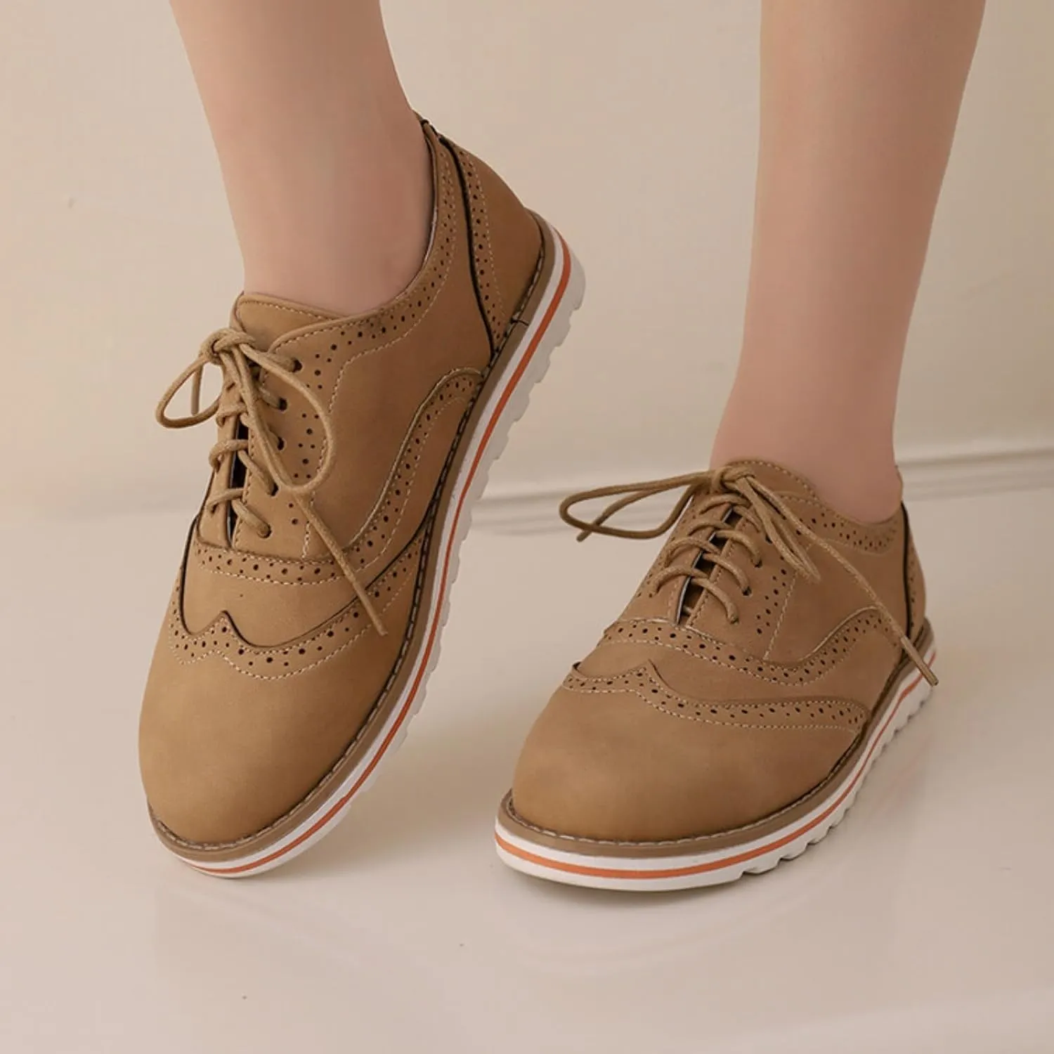 Women's Flats Lace-Up Oxfords Shoes Round Toe Low Platform Wingtip Brogues Classic Comfortable Derby Saddle Pumps