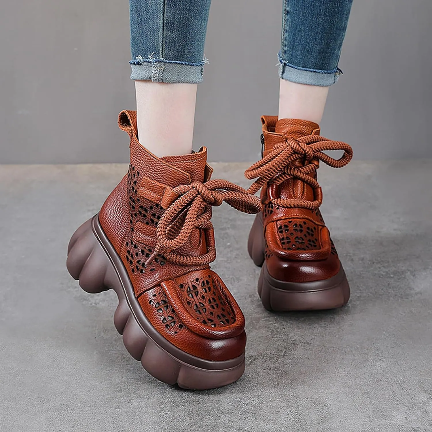 Women's Genuine Leather Lace Up Platform Gladiator Sandals With Side Zipper Comfortable Breathable Closed Toe Lug Sole Chunky Heel Summer Hollow Y2K Ankle Boots