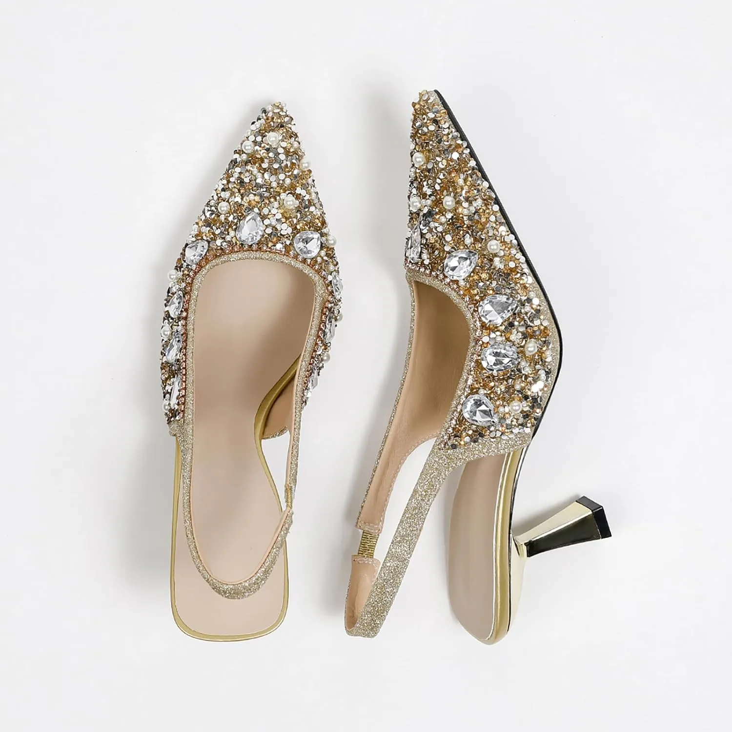 Women's Glitter Rhinestones Leather Slingback Pumps Fashion Comfort Pointed Closed Toe Slip On Kitten High Heels Party Wedding Dressy Shoes