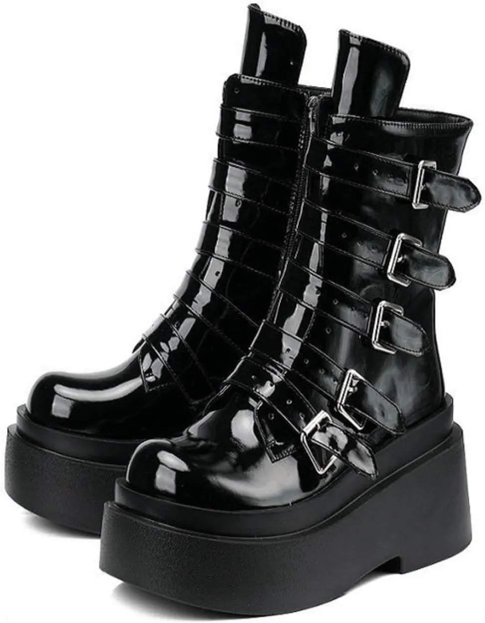Women's Goth Platform Ankle Booties Wedge Round Toe Multi Band Buckle Combat Punk Boots Patent Leather Side Zipper Thick Sole Mid Calf Boots