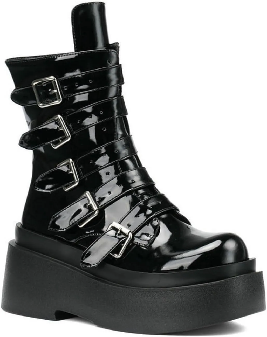 Women's Goth Platform Ankle Booties Wedge Round Toe Multi Band Buckle Combat Punk Boots Patent Leather Side Zipper Thick Sole Mid Calf Boots