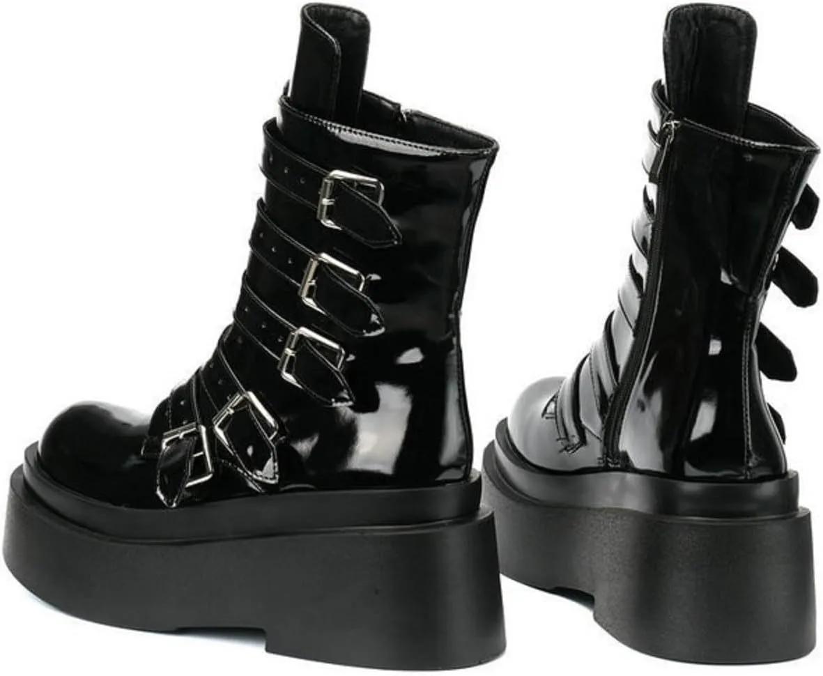 Women's Goth Platform Ankle Booties Wedge Round Toe Multi Band Buckle Combat Punk Boots Patent Leather Side Zipper Thick Sole Mid Calf Boots