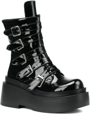 Women's Goth Platform Ankle Booties Wedge Round Toe Multi Band Buckle Combat Punk Boots Patent Leather Side Zipper Thick Sole Mid Calf Boots