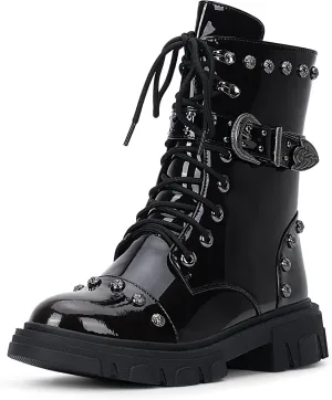 Women's Goth Rivet Combat Ankle Boots Platform Lace Up Low Heel Buckle Booties