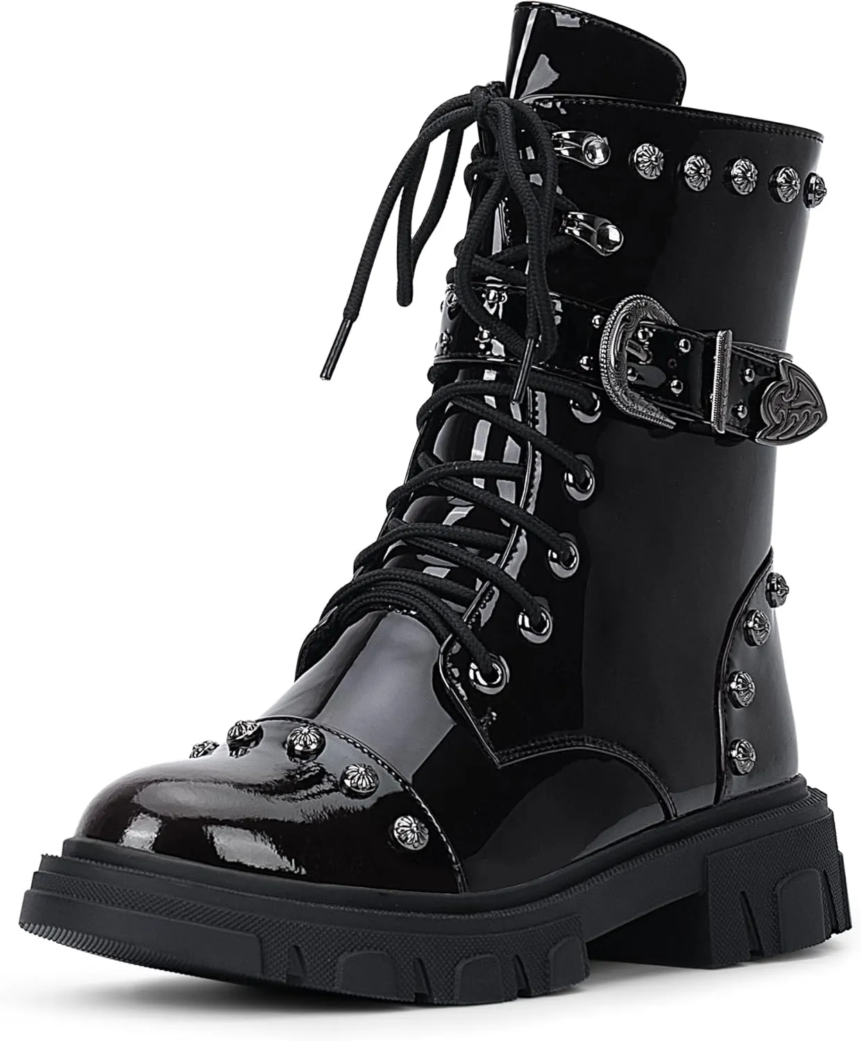 Women's Goth Rivet Combat Ankle Boots Platform Lace Up Low Heel Buckle Booties