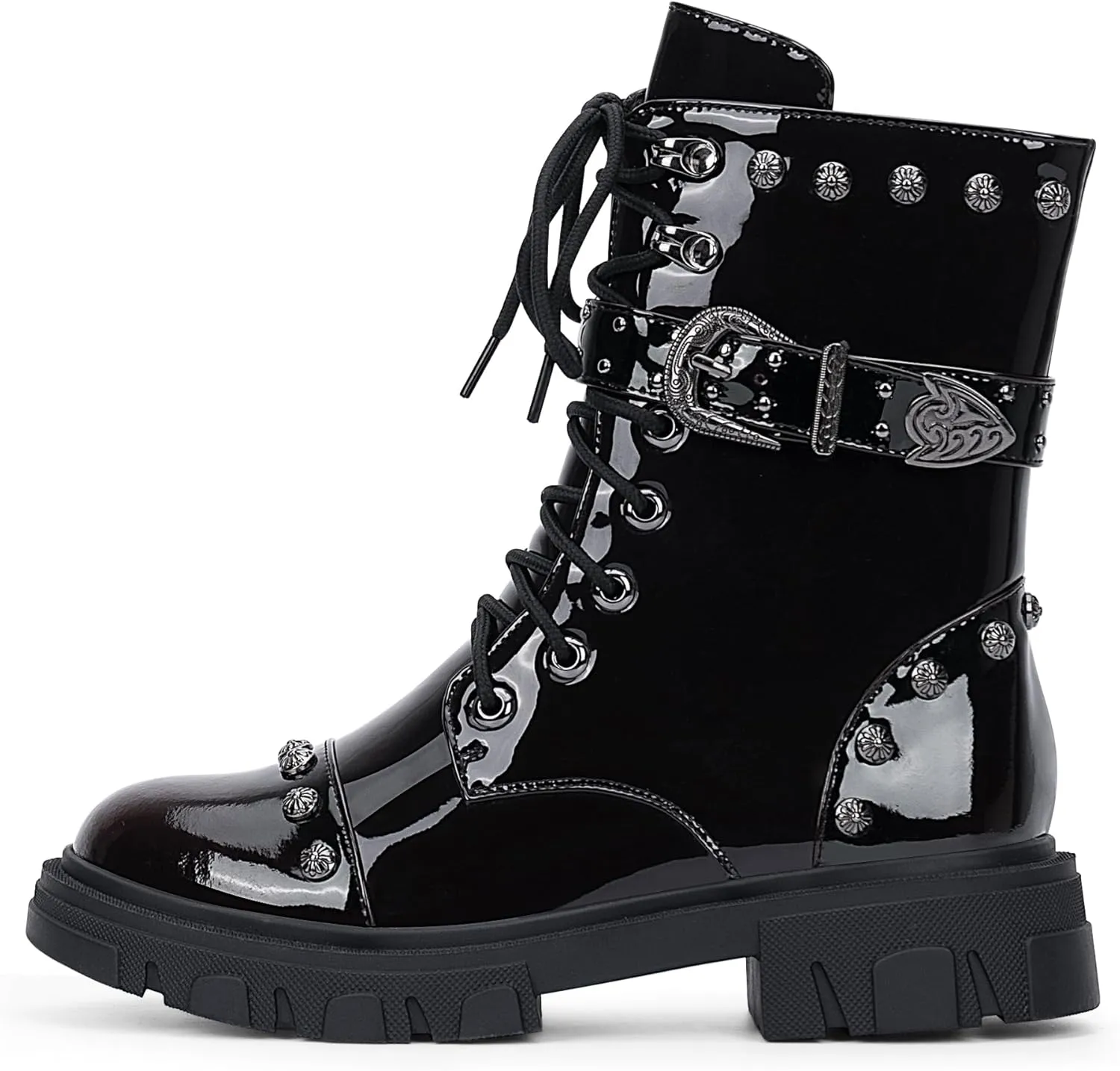 Women's Goth Rivet Combat Ankle Boots Platform Lace Up Low Heel Buckle Booties