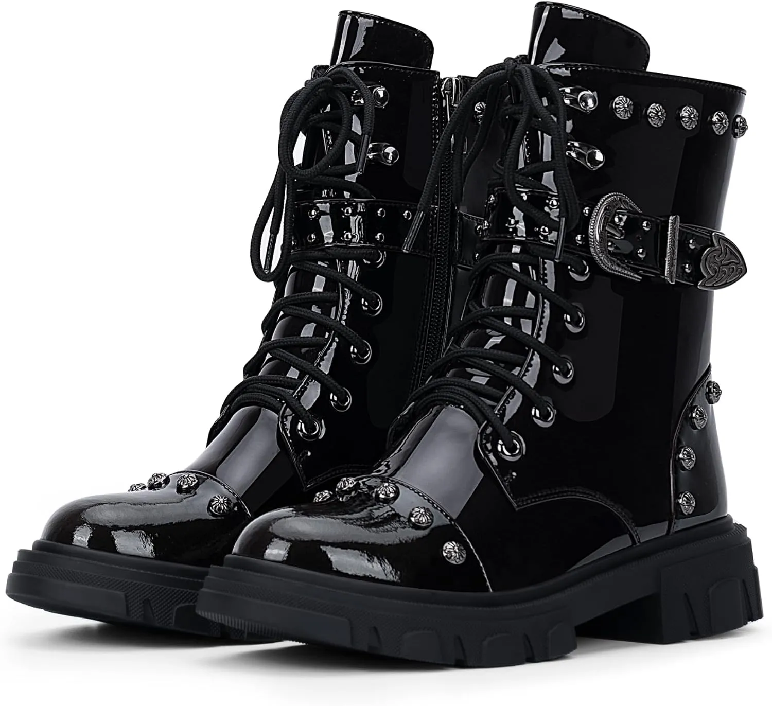 Women's Goth Rivet Combat Ankle Boots Platform Lace Up Low Heel Buckle Booties