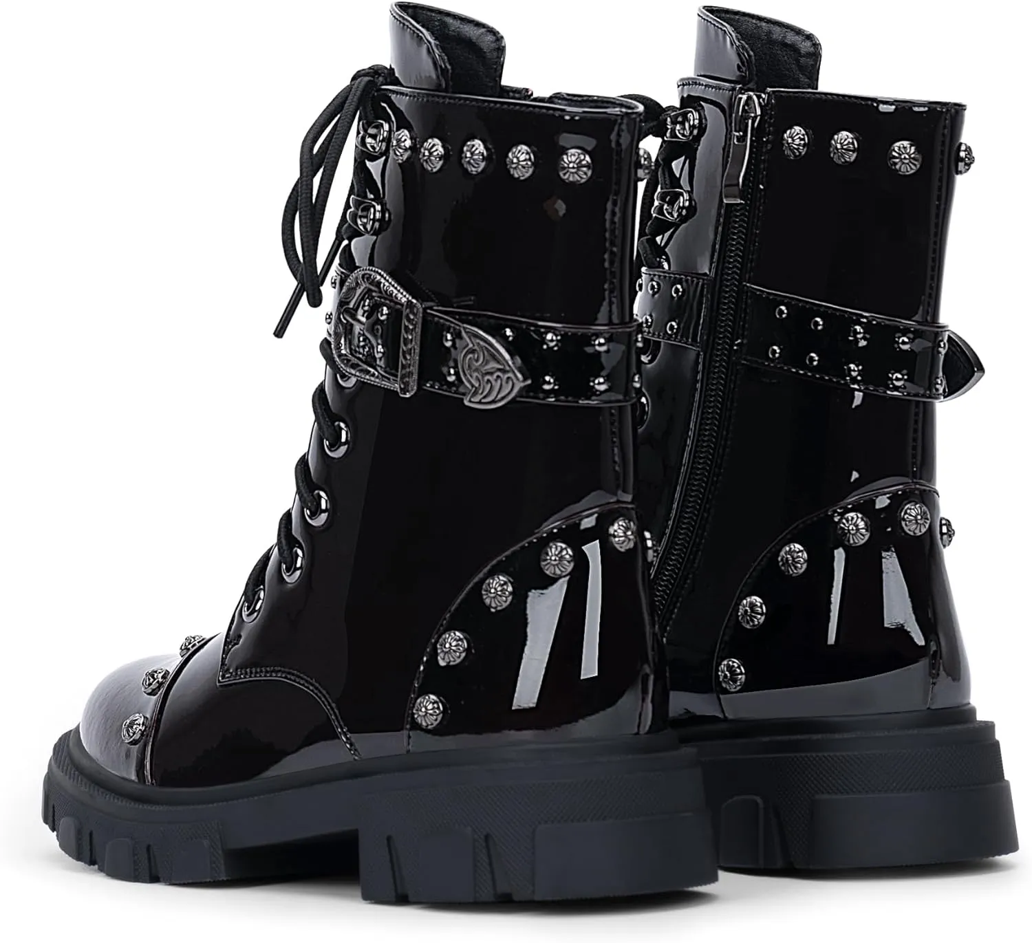 Women's Goth Rivet Combat Ankle Boots Platform Lace Up Low Heel Buckle Booties