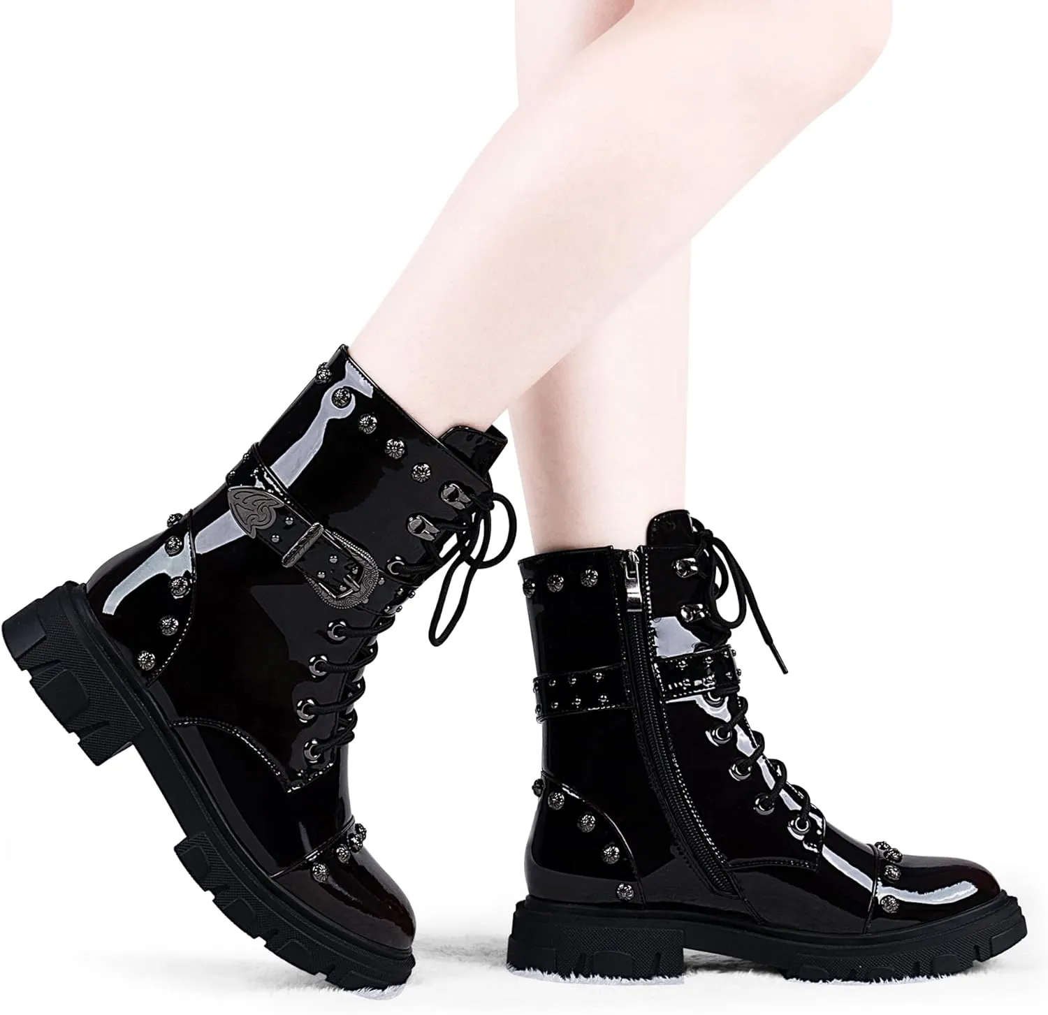 Women's Goth Rivet Combat Ankle Boots Platform Lace Up Low Heel Buckle Booties