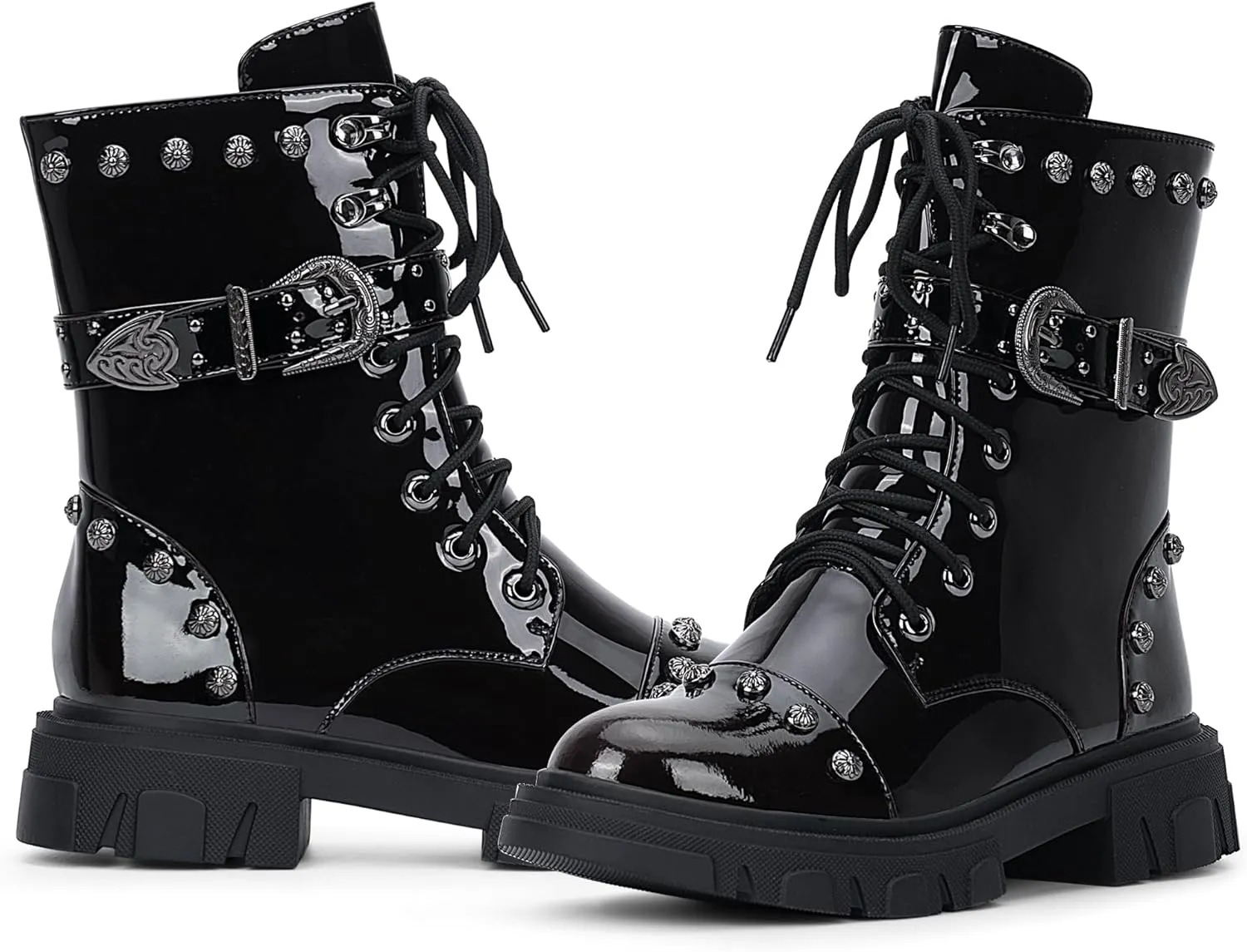 Women's Goth Rivet Combat Ankle Boots Platform Lace Up Low Heel Buckle Booties