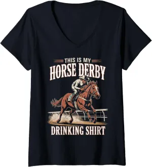 Womens Horse Rider Racing Track Race My Horse Derby Drinking V-Neck T-Shirt