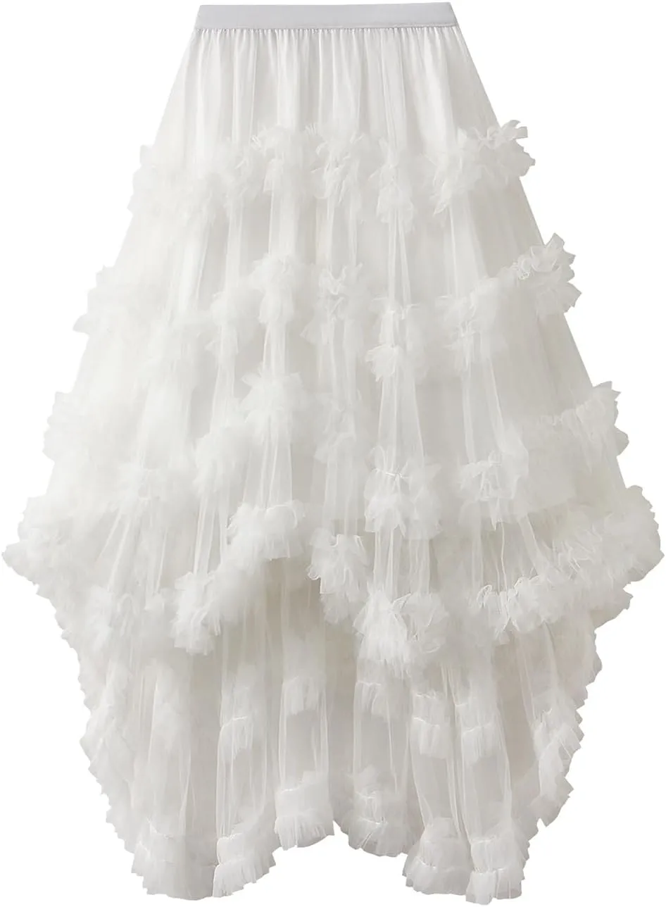 Women's Irregular Layered Tulle Long Skirt Elastic High Waist Fashion Mesh Pleated Skirt A-Line Maxi Party Casual Tutu Skirt