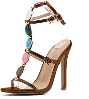 Women's Jeweled Ankle Strap Stiletto Heels Sandals Summer Open Toe Strappy Gladiator Heeled Sandals for Women