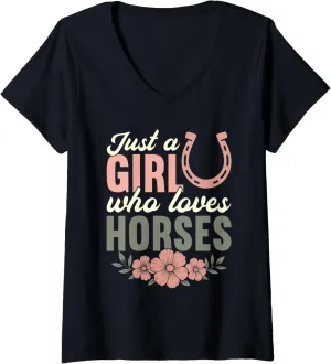 Womens Just A Girl Who Loves Horses Equestrian Horse Lover Rider V-Neck T-Shirt