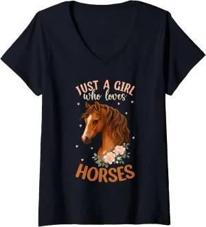 Womens Just A Girl Who Loves Horses Equestrian Rider Horse Owner V-Neck T-Shirt