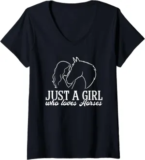 Womens Just A Girl Who Loves Horses Horse Lover Horseback Rider V-Neck T-Shirt
