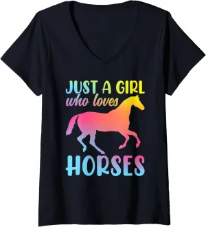 Womens Just A Girl Who Loves Horses Horseback Equestrian Rider V-Neck T-Shirt