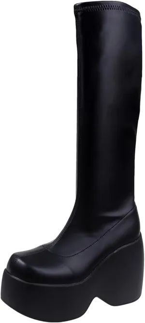 Women's Knee High Boots Black Chunky Wedge Combat Punk Tall Platform Boots