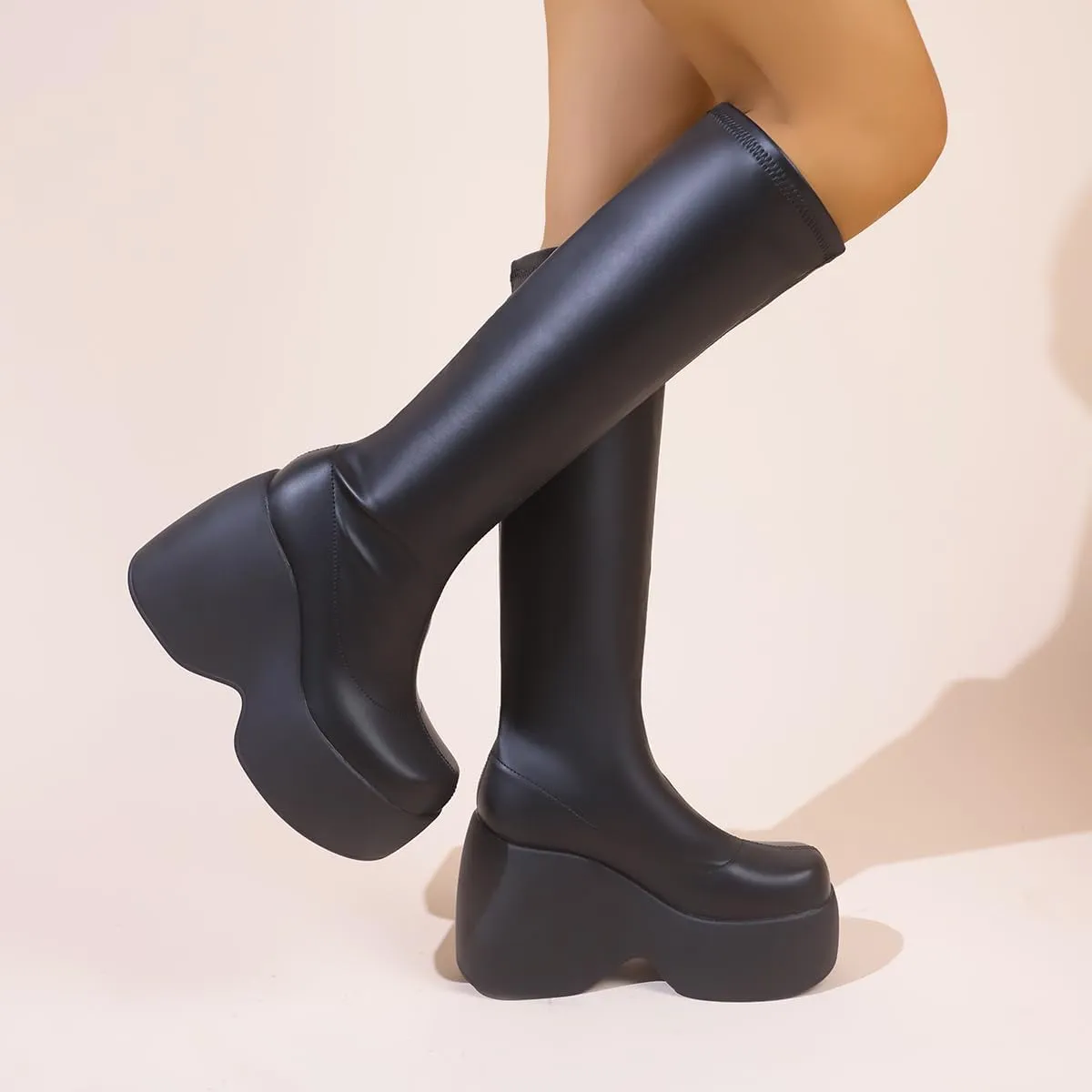 Women's Knee High Boots Black Chunky Wedge Combat Punk Tall Platform Boots