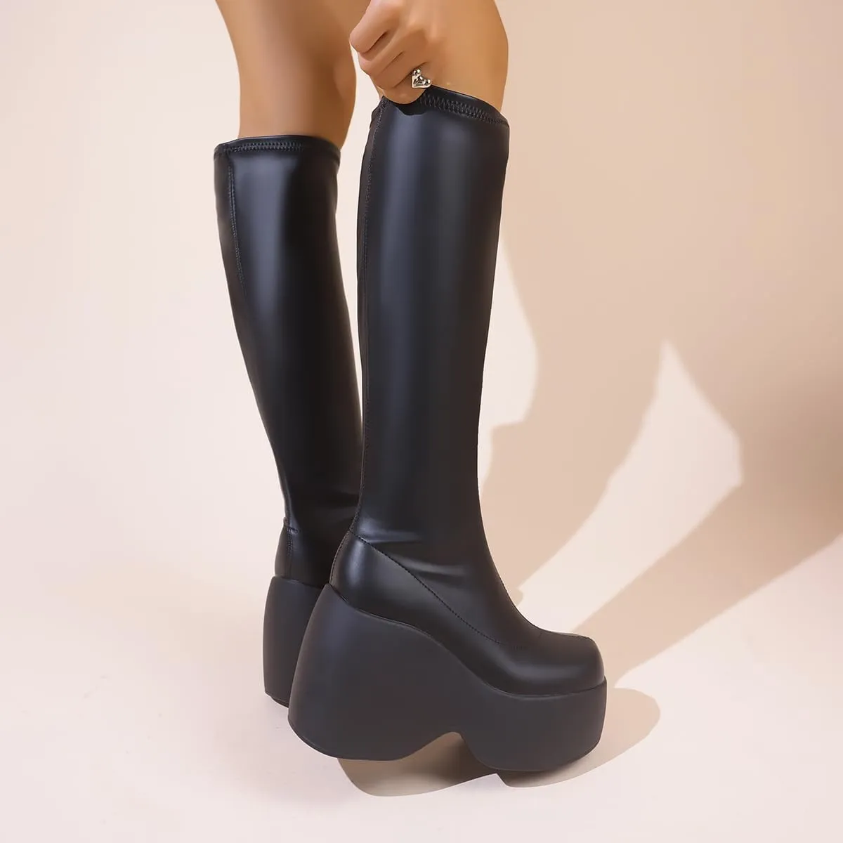 Women's Knee High Boots Black Chunky Wedge Combat Punk Tall Platform Boots