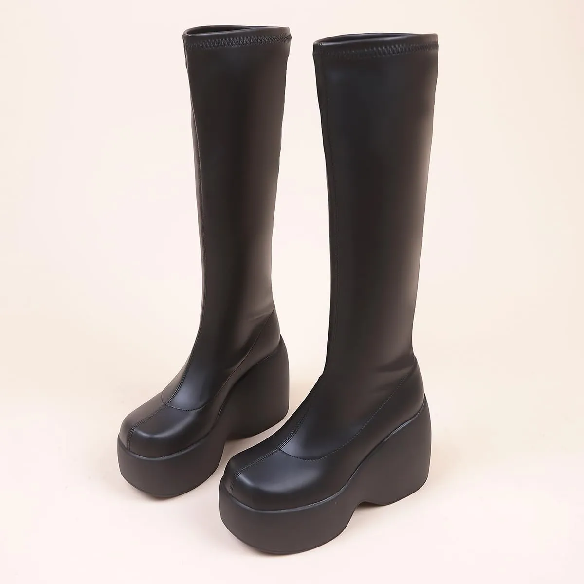 Women's Knee High Boots Black Chunky Wedge Combat Punk Tall Platform Boots