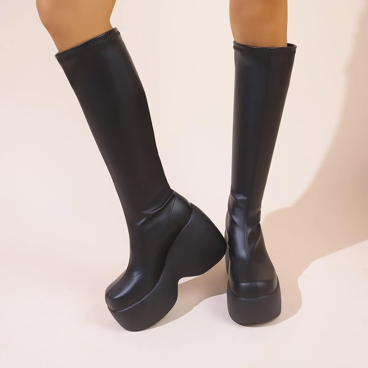 Women's Knee High Boots Black Chunky Wedge Combat Punk Tall Platform Boots
