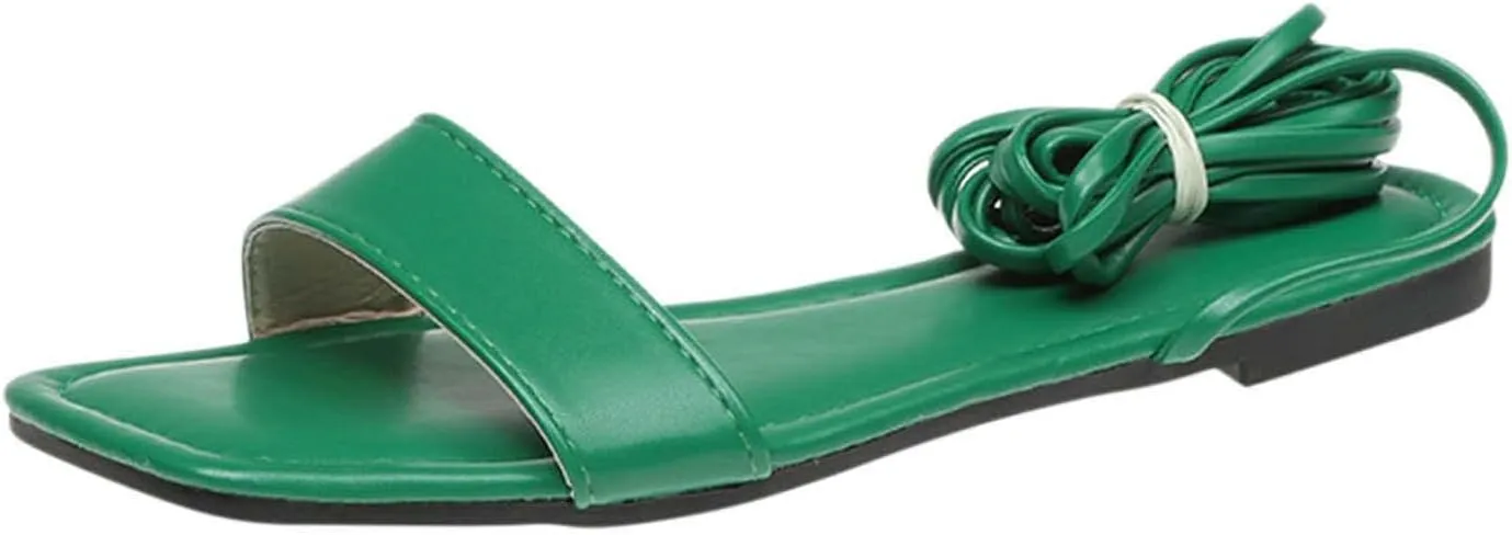 Women's Lace-Up Flats Gladiator Sandal with Square Toe Stylish Casual Footwear Comfortable Summer Strappy Sandals
