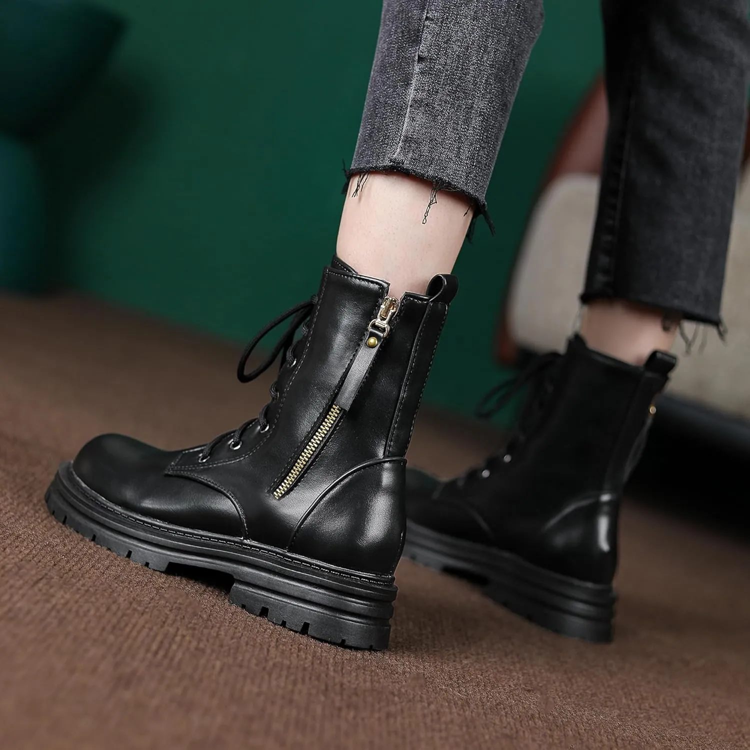 Women's Lace up Goth Combat Boots, Punk Low Chunky Heel Ankle Boots, Gothic Platform Booties