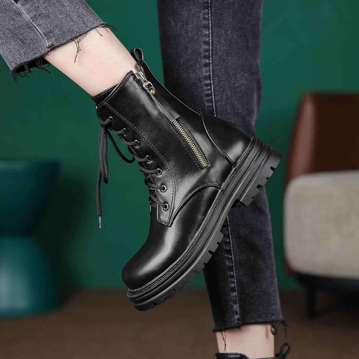 Women's Lace up Goth Combat Boots, Punk Low Chunky Heel Ankle Boots, Gothic Platform Booties