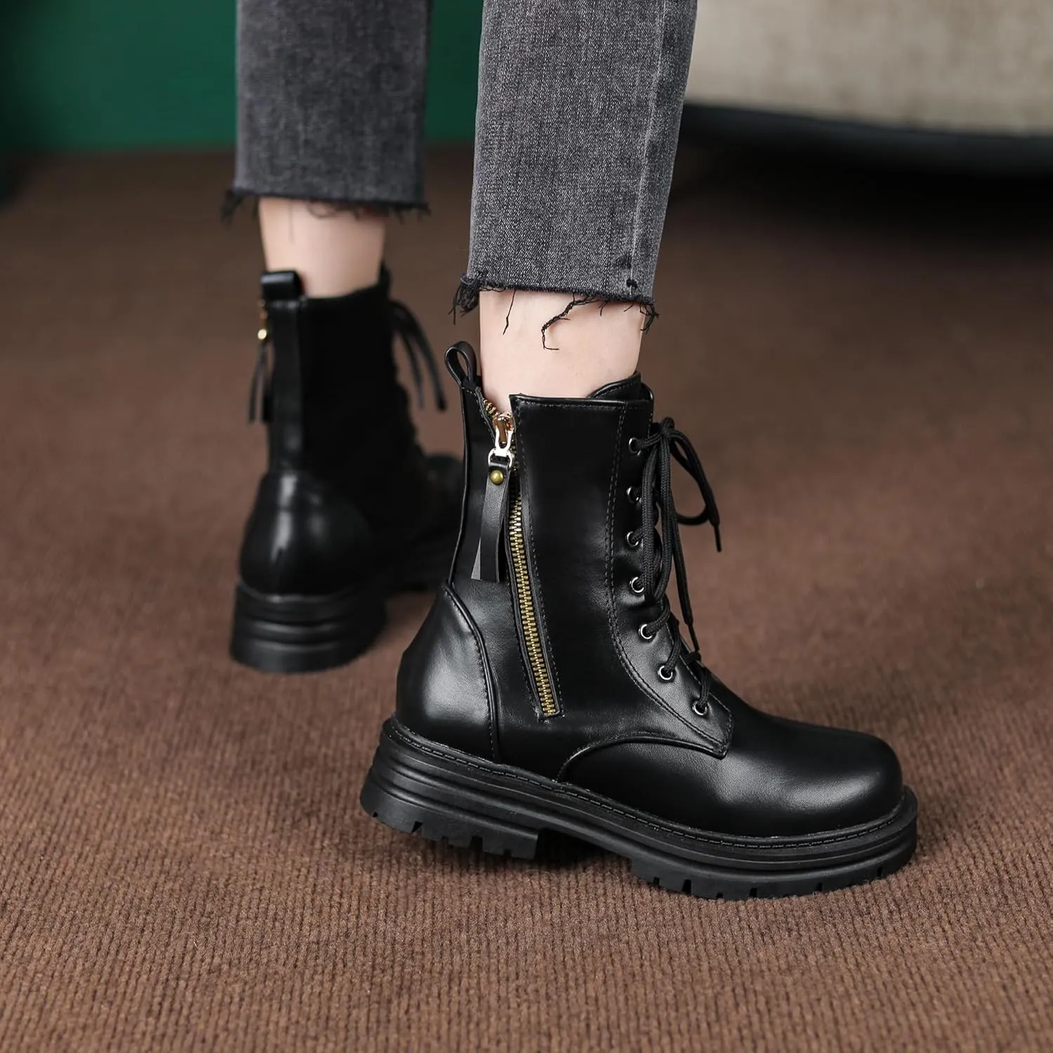 Women's Lace up Goth Combat Boots, Punk Low Chunky Heel Ankle Boots, Gothic Platform Booties