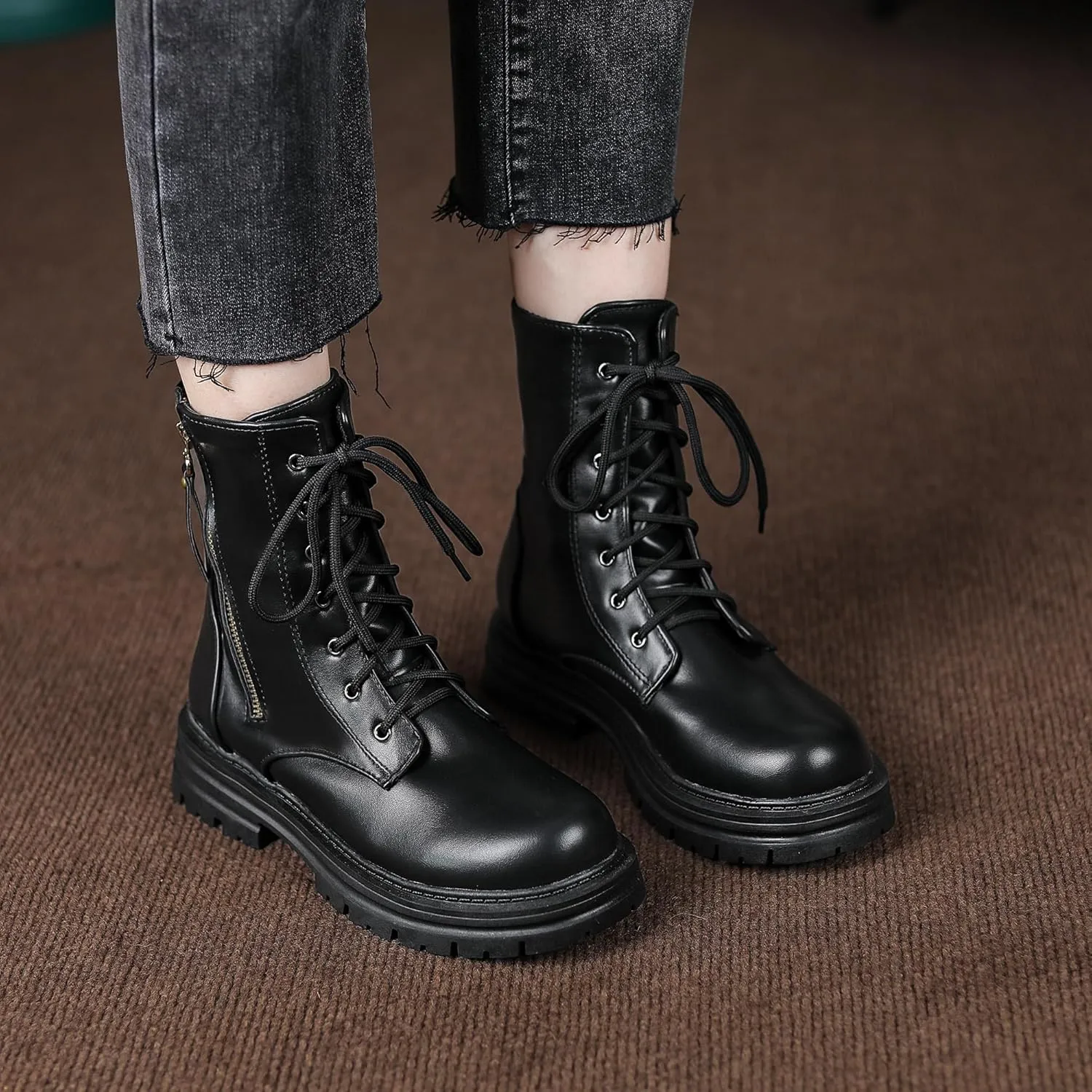 Women's Lace up Goth Combat Boots, Punk Low Chunky Heel Ankle Boots, Gothic Platform Booties