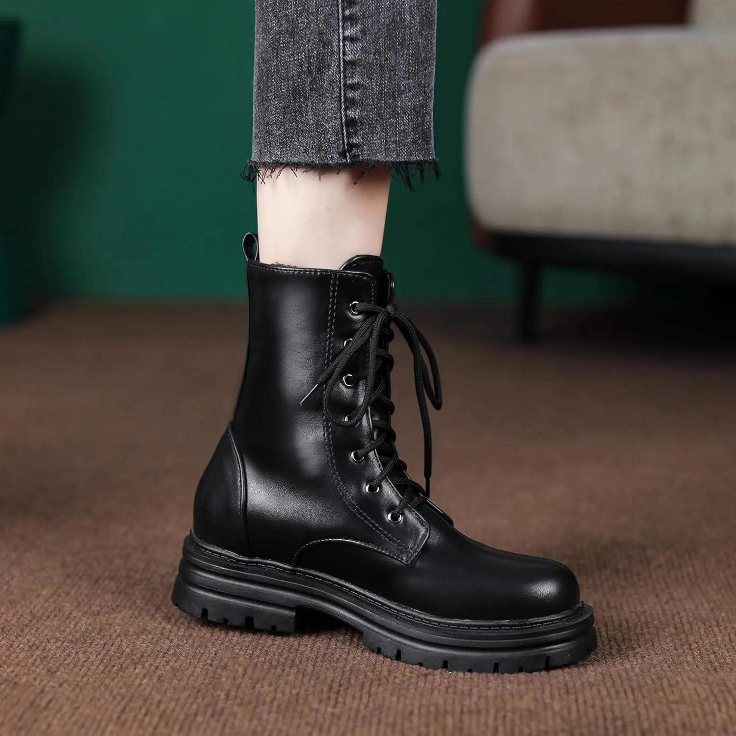 Women's Lace up Goth Combat Boots, Punk Low Chunky Heel Ankle Boots, Gothic Platform Booties