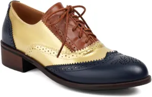 Women's Leather Perforated Lace-up Oxfords Classic Patchwork Color Wingtip Flat Brogues Shoes Round Toe Comfortable Derby Saddle Pumps