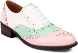 Women's Leather Perforated Lace-up Oxfords Classic Patchwork Color Wingtip Flat Brogues Shoes Round Toe Comfortable Derby Saddle Pumps