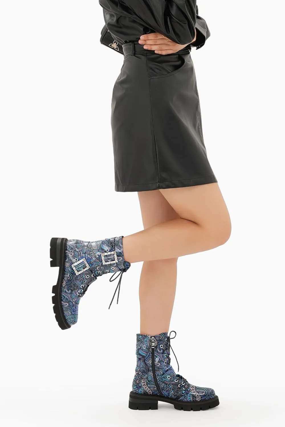 Women's Leather Platform Lug Sole Low Chunky Heel Combat Boots Lace Up Buckles Zipper Fashion Ankle Booties