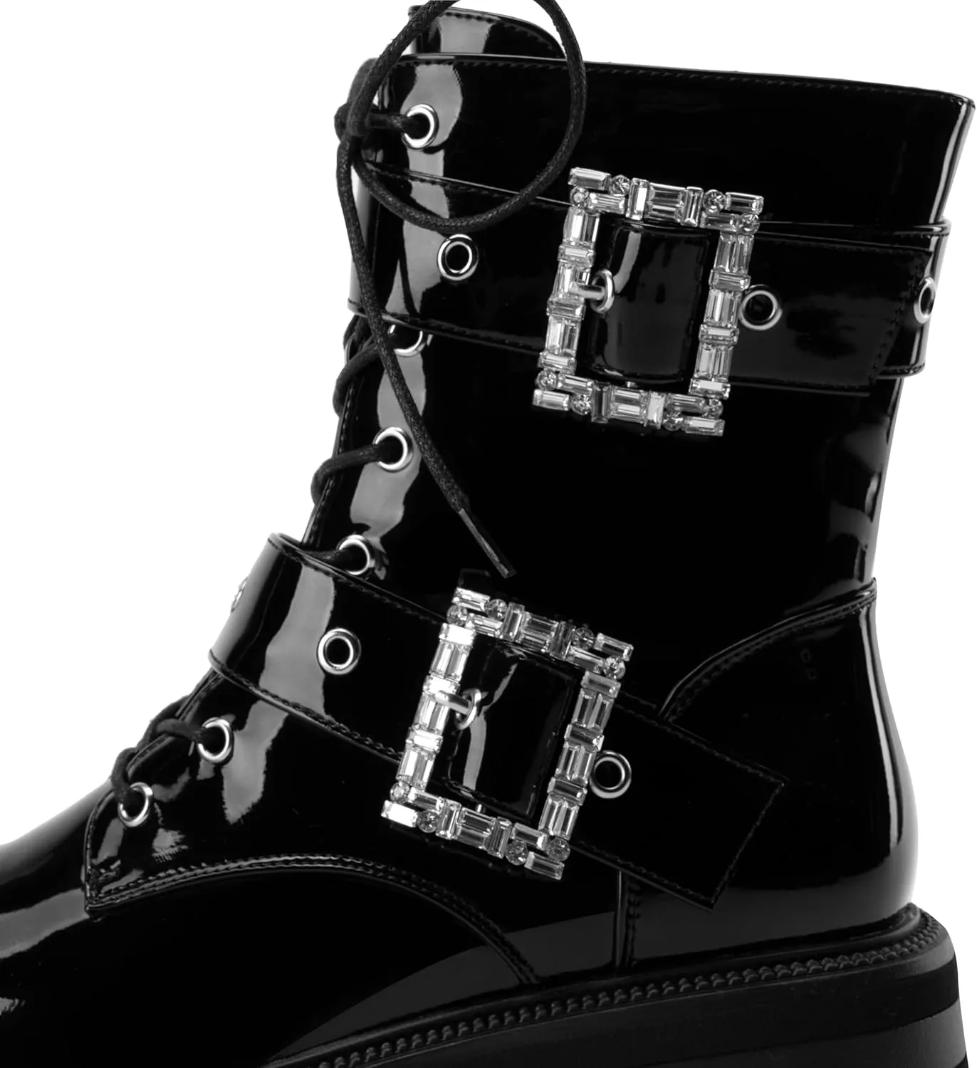 Women's Leather Platform Lug Sole Low Chunky Heel Combat Boots Lace Up Buckles Zipper Fashion Ankle Booties