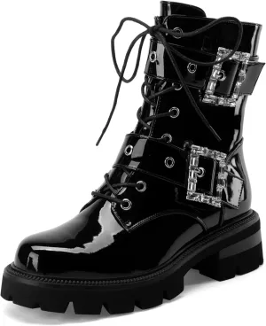 Women's Leather Platform Lug Sole Low Chunky Heel Combat Boots Lace Up Buckles Zipper Fashion Ankle Booties