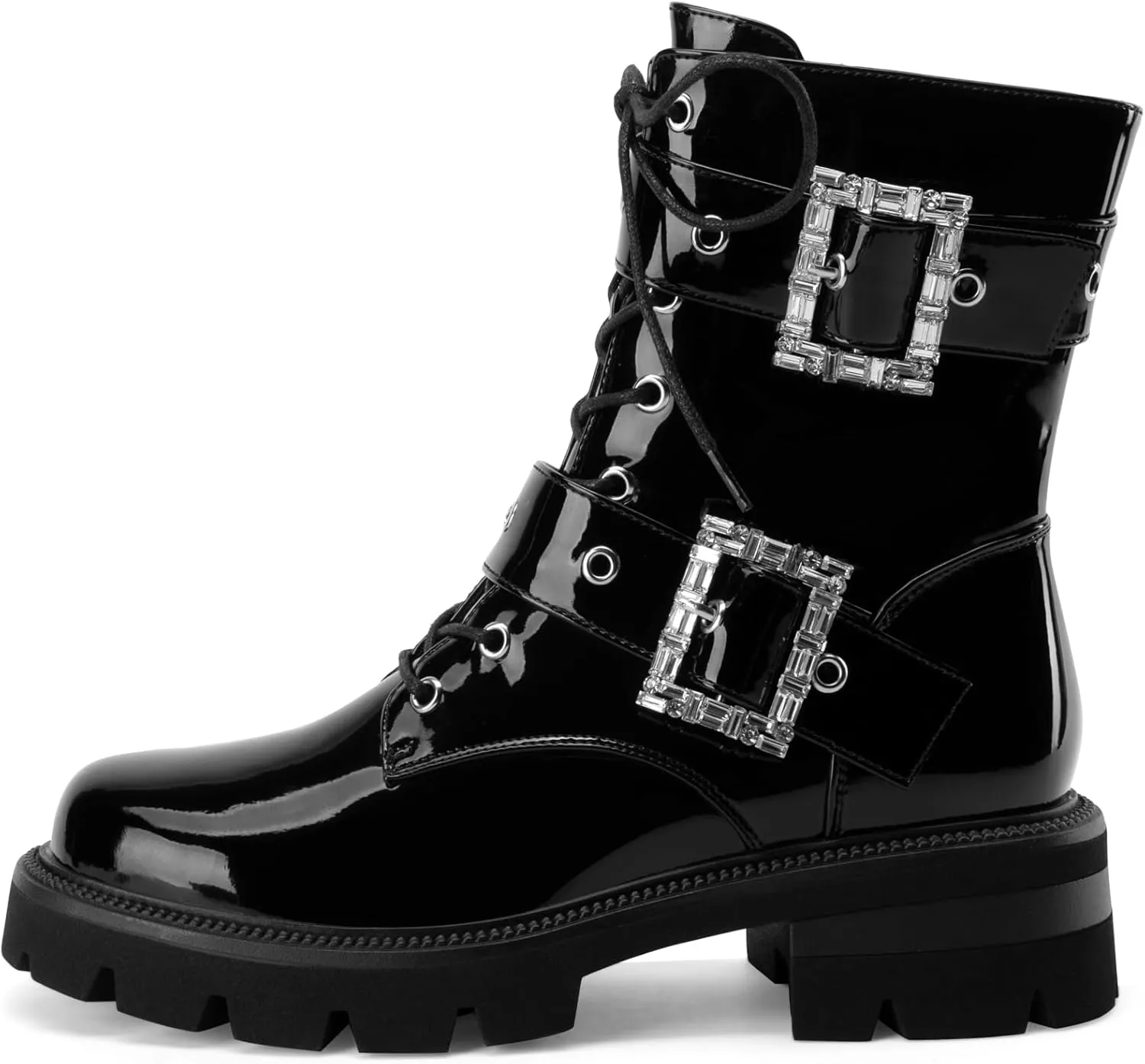 Women's Leather Platform Lug Sole Low Chunky Heel Combat Boots Lace Up Buckles Zipper Fashion Ankle Booties