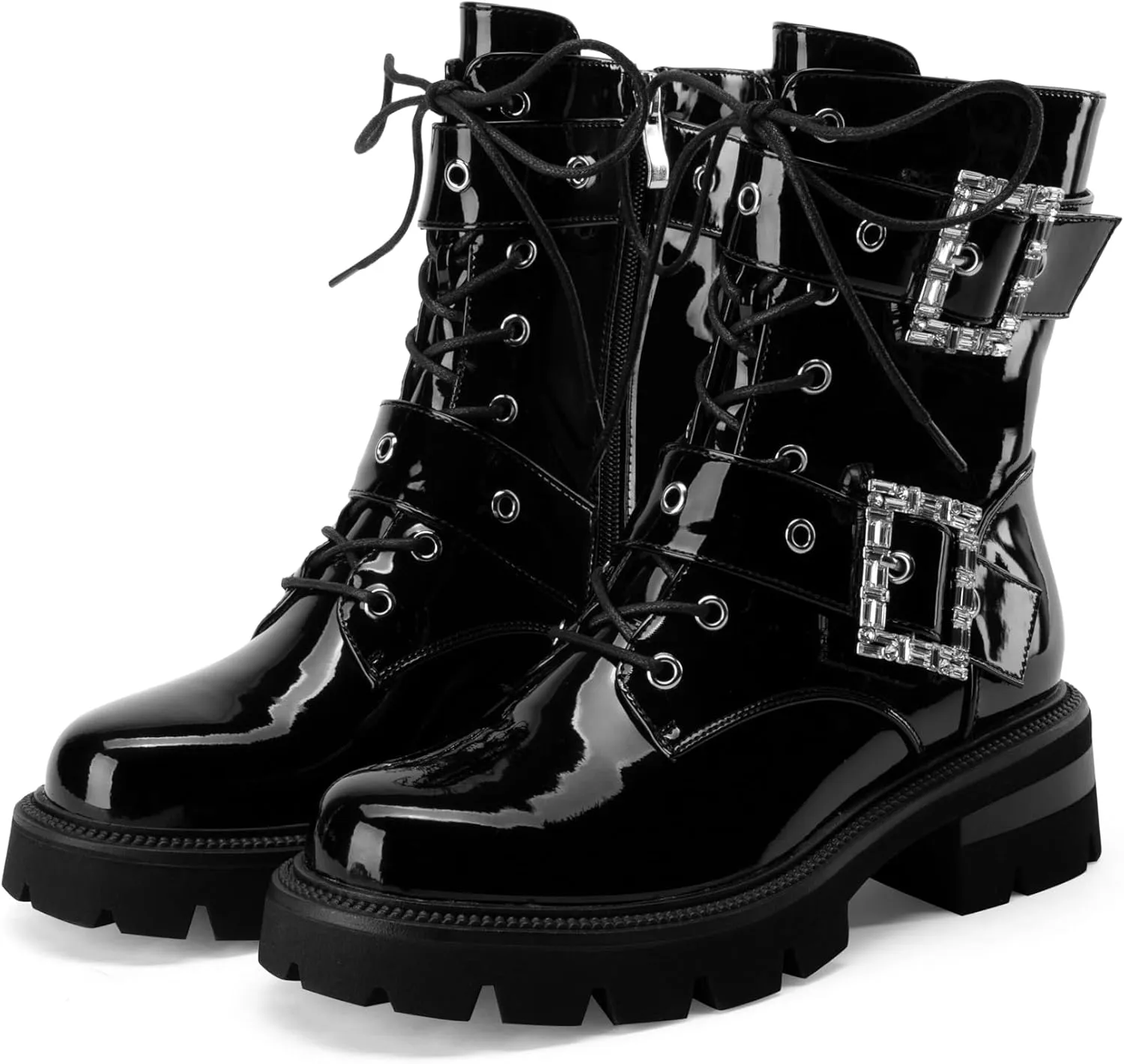 Women's Leather Platform Lug Sole Low Chunky Heel Combat Boots Lace Up Buckles Zipper Fashion Ankle Booties