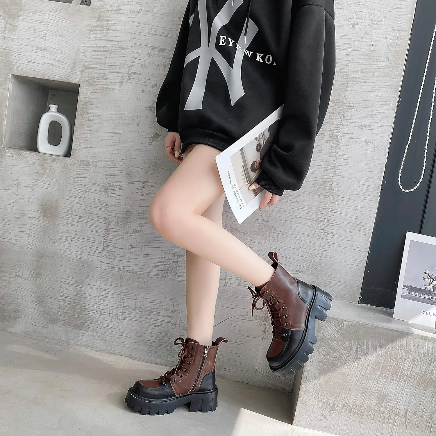 Women's Multicolor Leather Boots Lace Up Combat Ankle Boots for Women