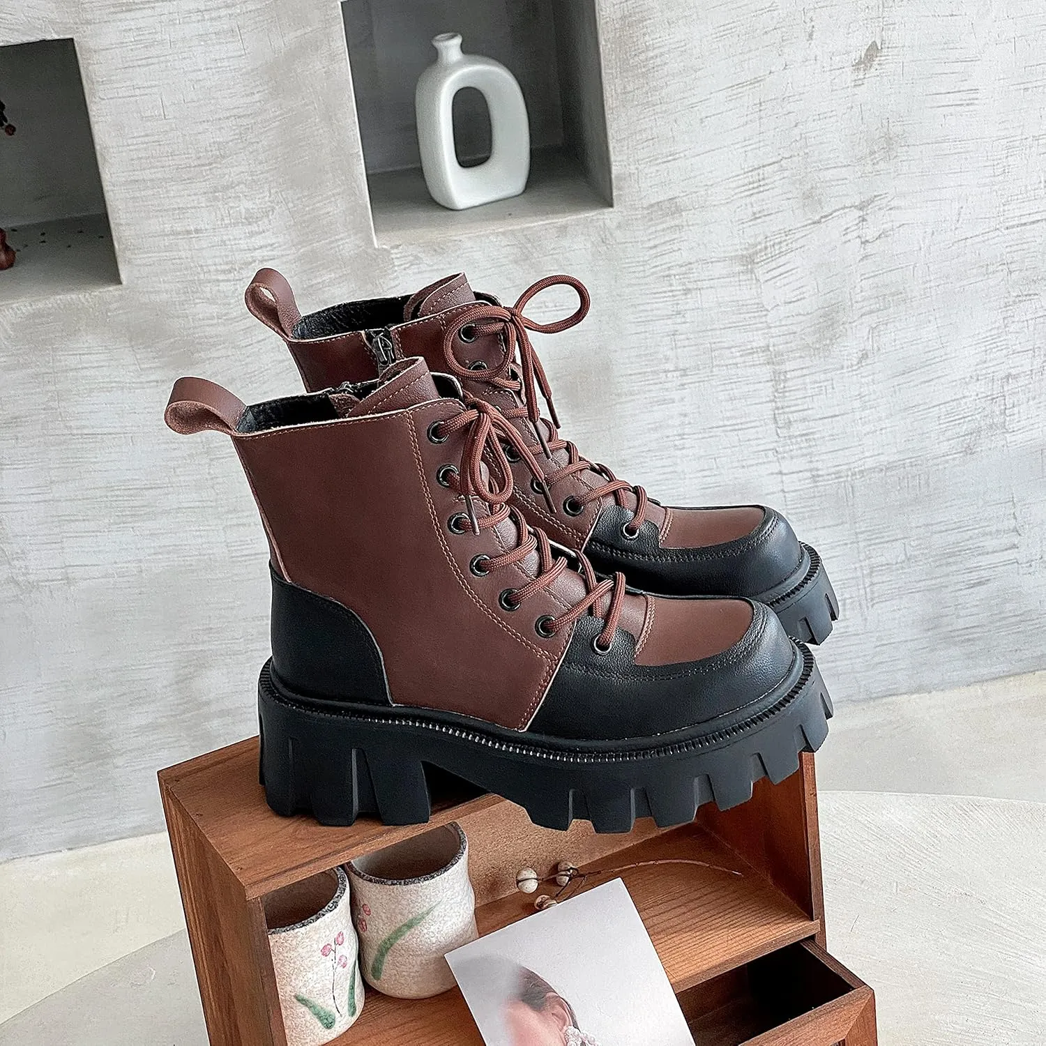 Women's Multicolor Leather Boots Lace Up Combat Ankle Boots for Women