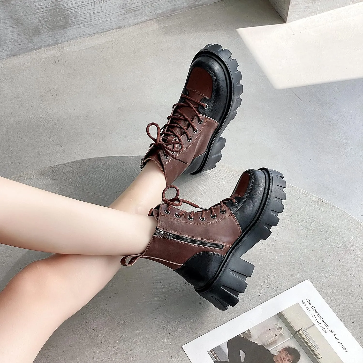 Women's Multicolor Leather Boots Lace Up Combat Ankle Boots for Women