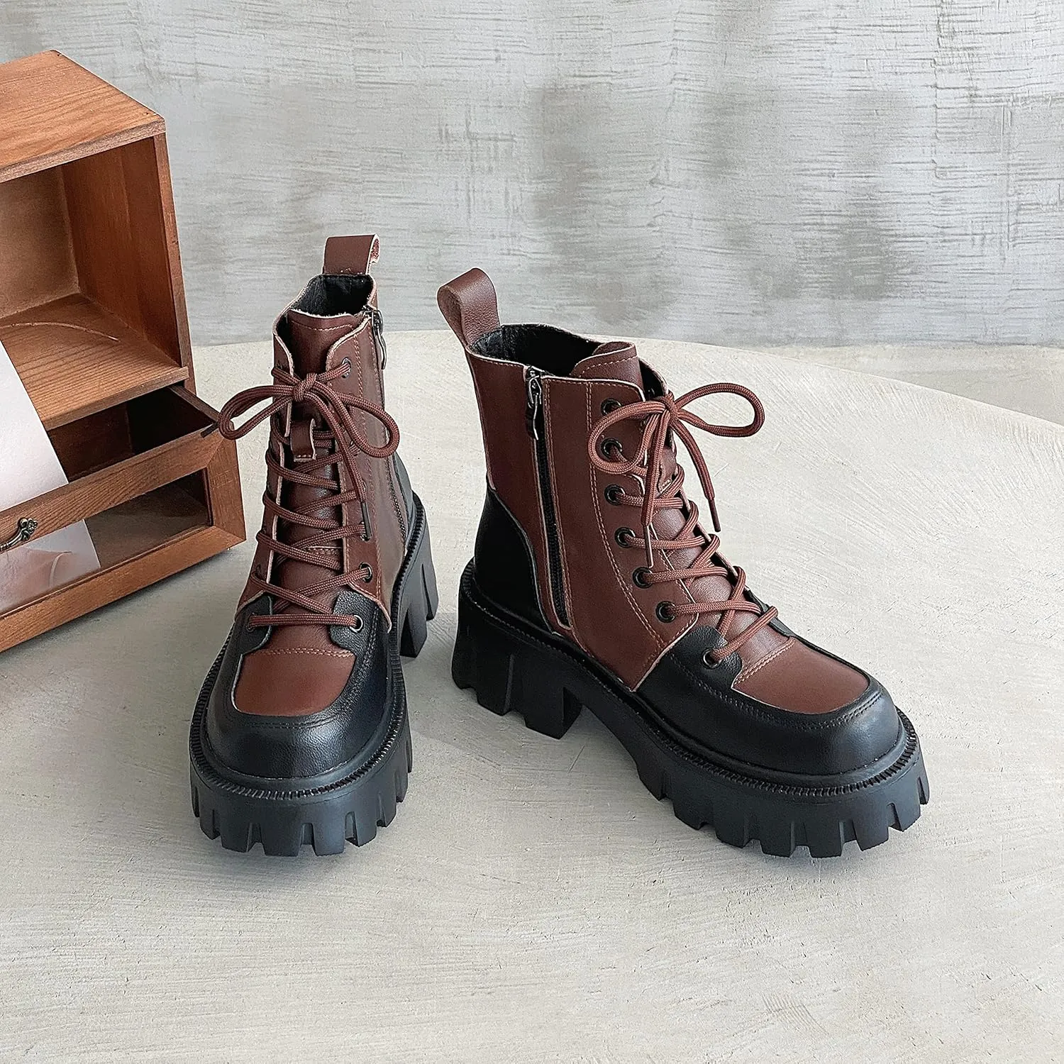 Women's Multicolor Leather Boots Lace Up Combat Ankle Boots for Women