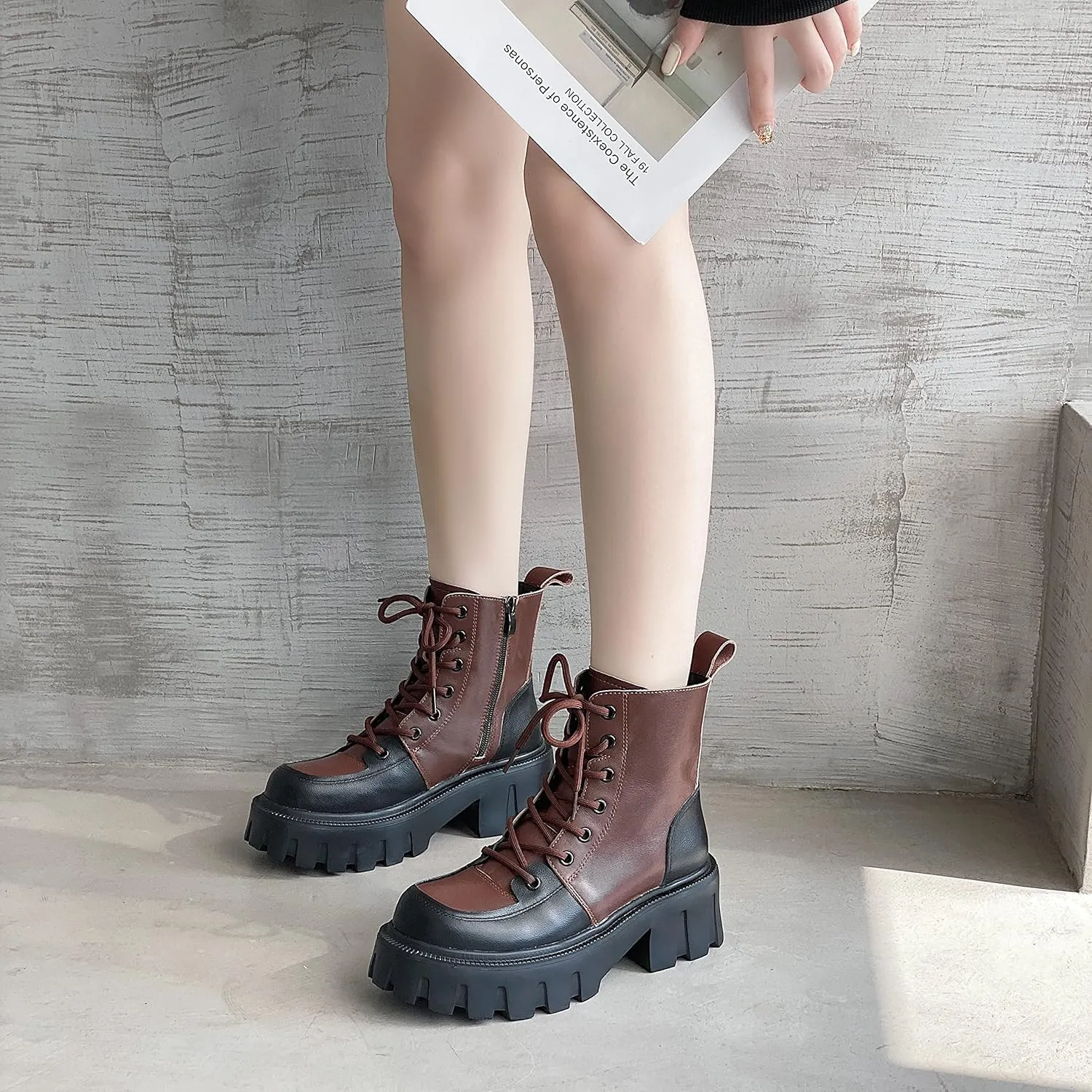 Women's Multicolor Leather Boots Lace Up Combat Ankle Boots for Women