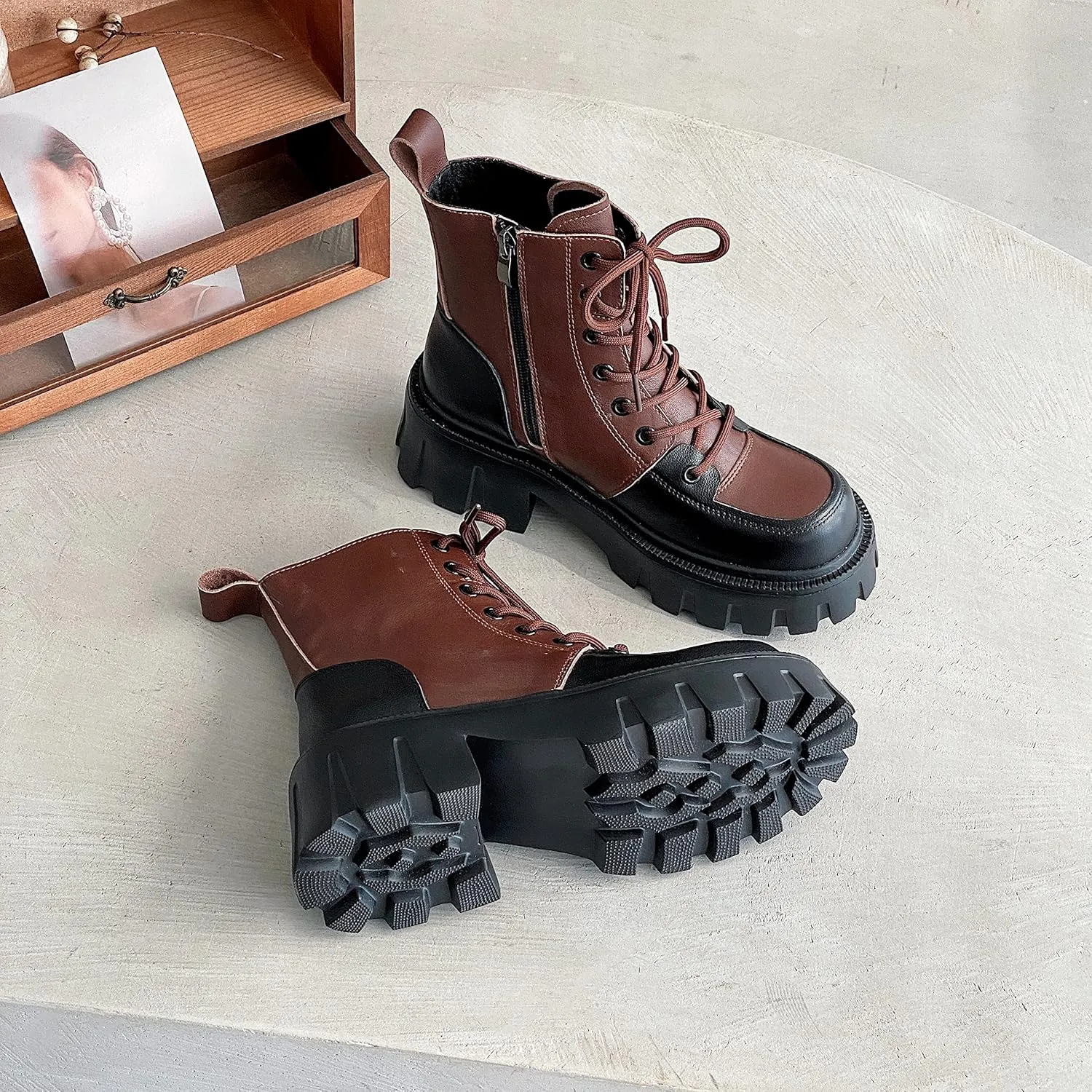Women's Multicolor Leather Boots Lace Up Combat Ankle Boots for Women
