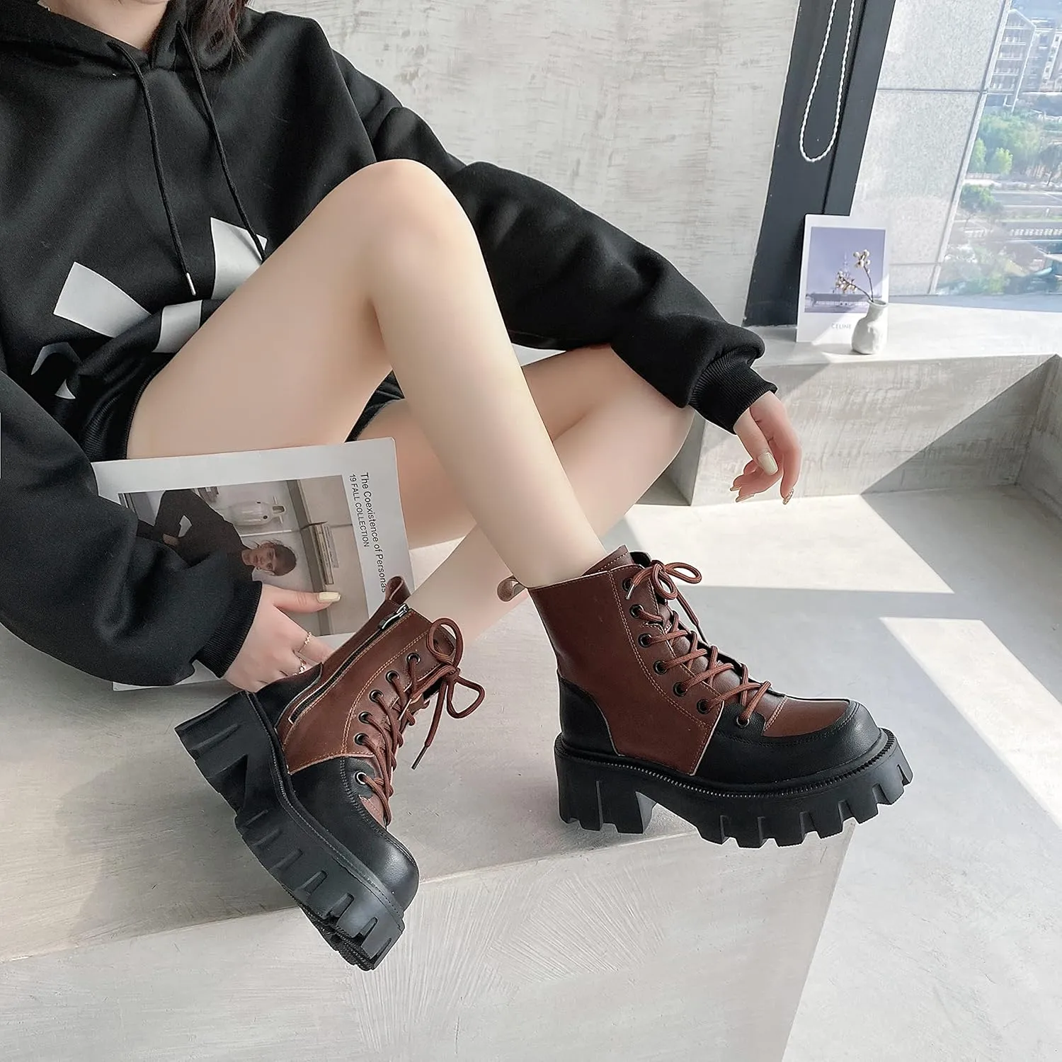 Women's Multicolor Leather Boots Lace Up Combat Ankle Boots for Women
