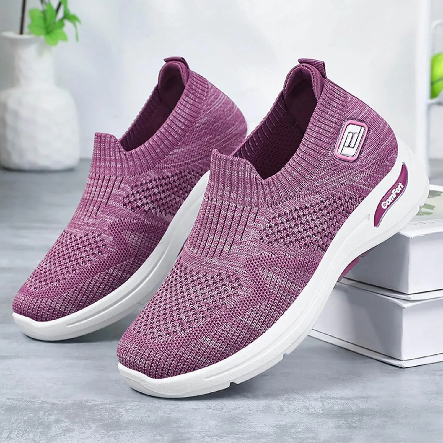 Womens Orthopedic Sneakers Slip On Running Tennis Shoes Breathable Woven Nurse Shoes Casual Air Cushion Walking Shoes